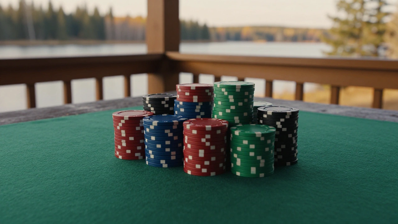 Stacks of plain casino chips on an Alberta cabin porch table, showing game variety