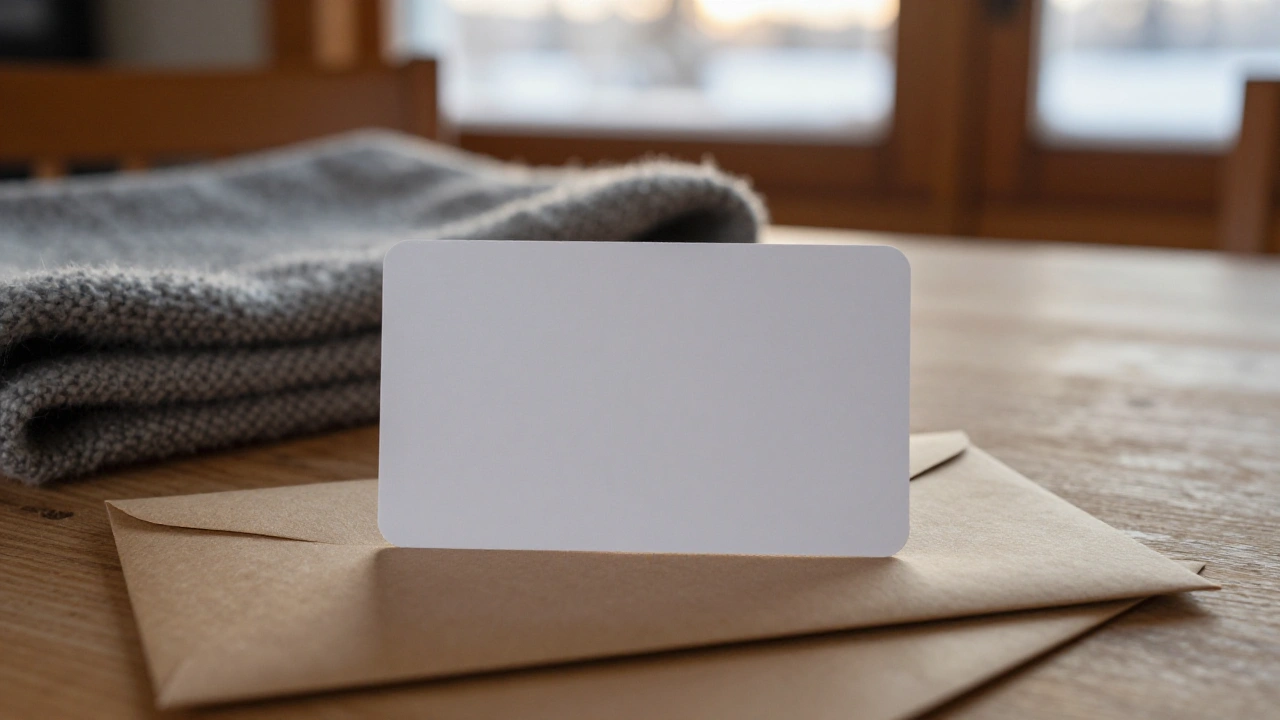 Blank bank card and envelope on an Alberta kitchen table for casino deposits and withdrawals