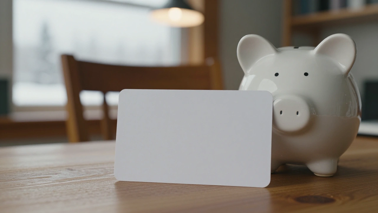 Blank bank card and piggy bank on a desk symbolising Alberta casino deposits and withdrawals