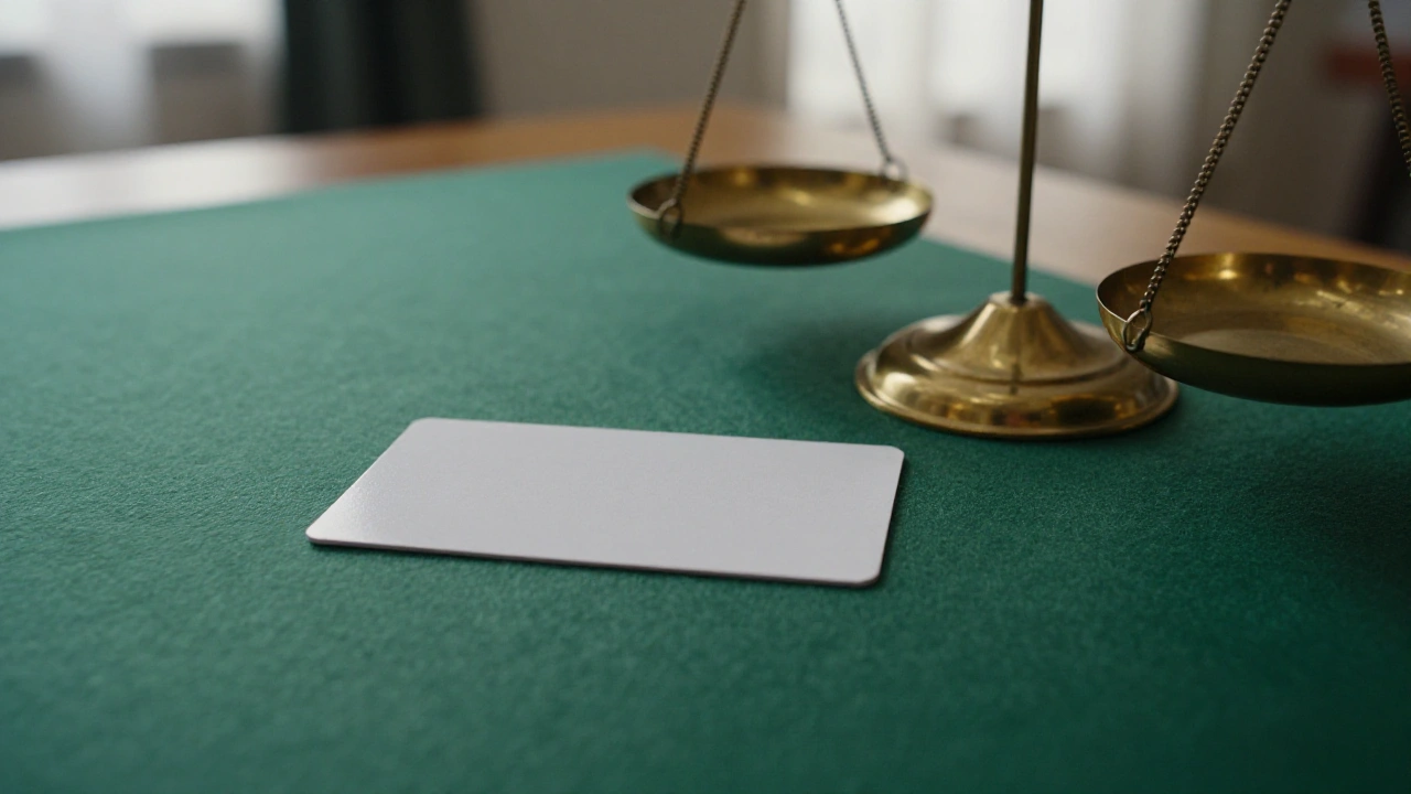 Blank payment card and brass balance scale on green felt for Ontario deposit limits