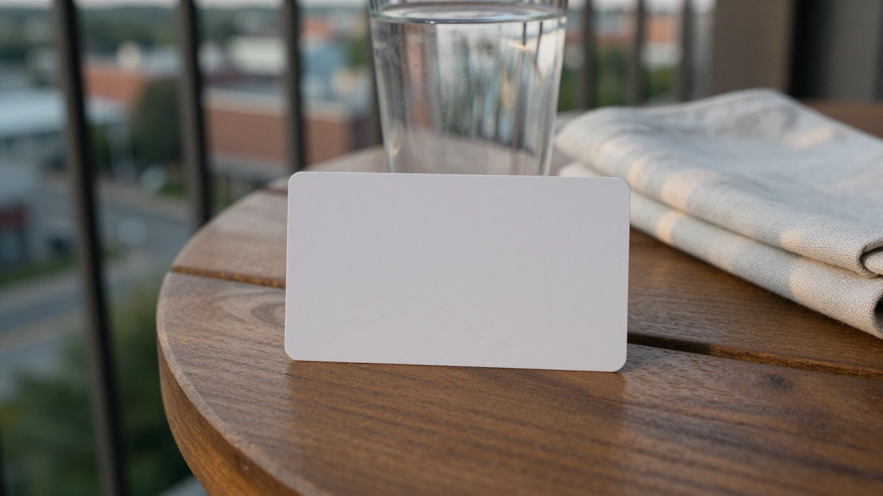 Blank white plastic card on a wooden balcony table for casino deposits and withdrawals