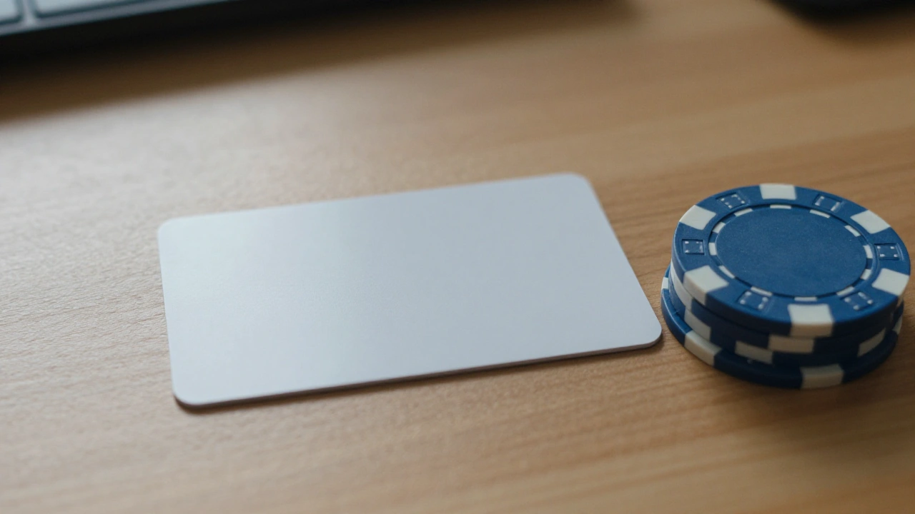 Blank white card and plain casino chips on a wooden desk for banking options