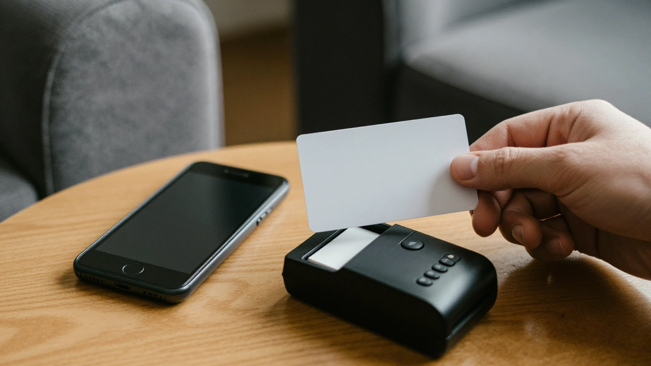 Hand tapping a blank card on a card reader to deposit at an online casino