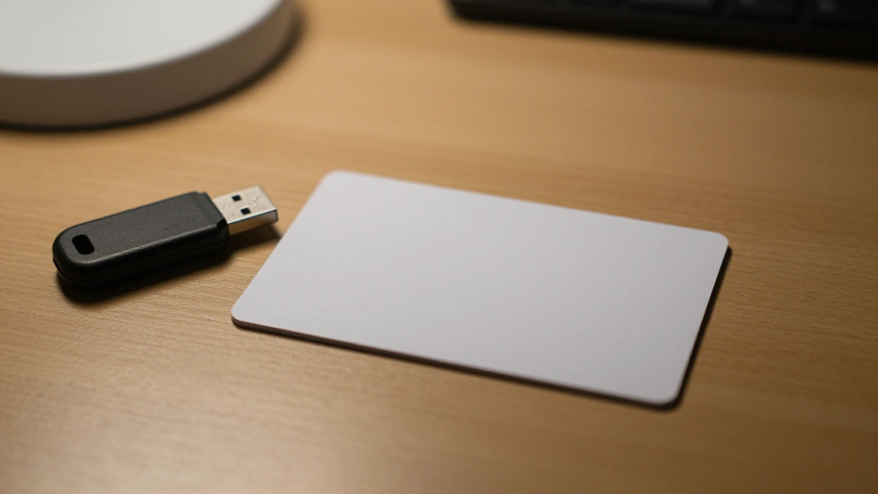 Blank payment card and USB crypto key on a table for casino banking