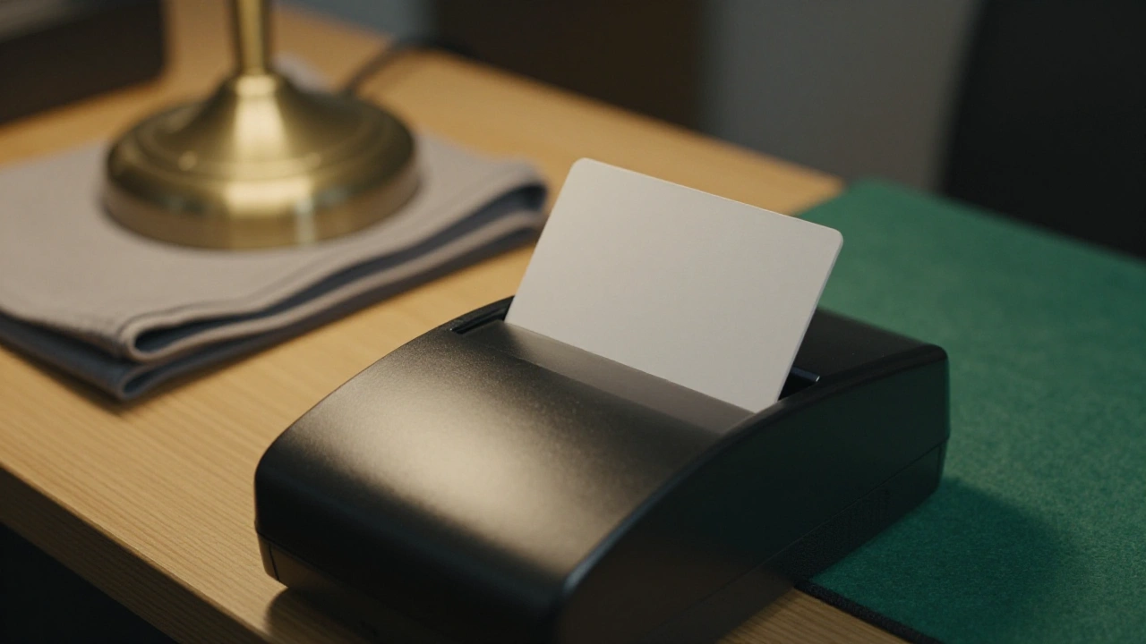Blank card tapping a reader on a studio counter for a casino deposit bonus
