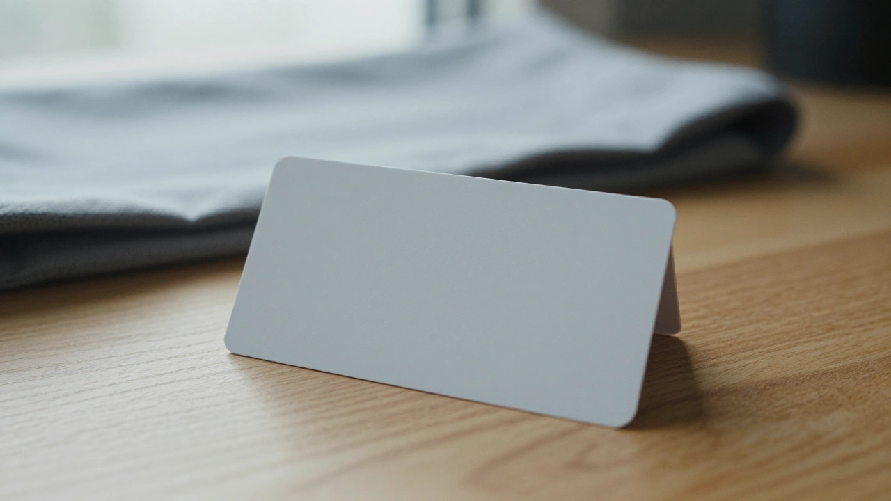 Blank white plastic card on a wooden desk for casino deposit and withdrawal methods