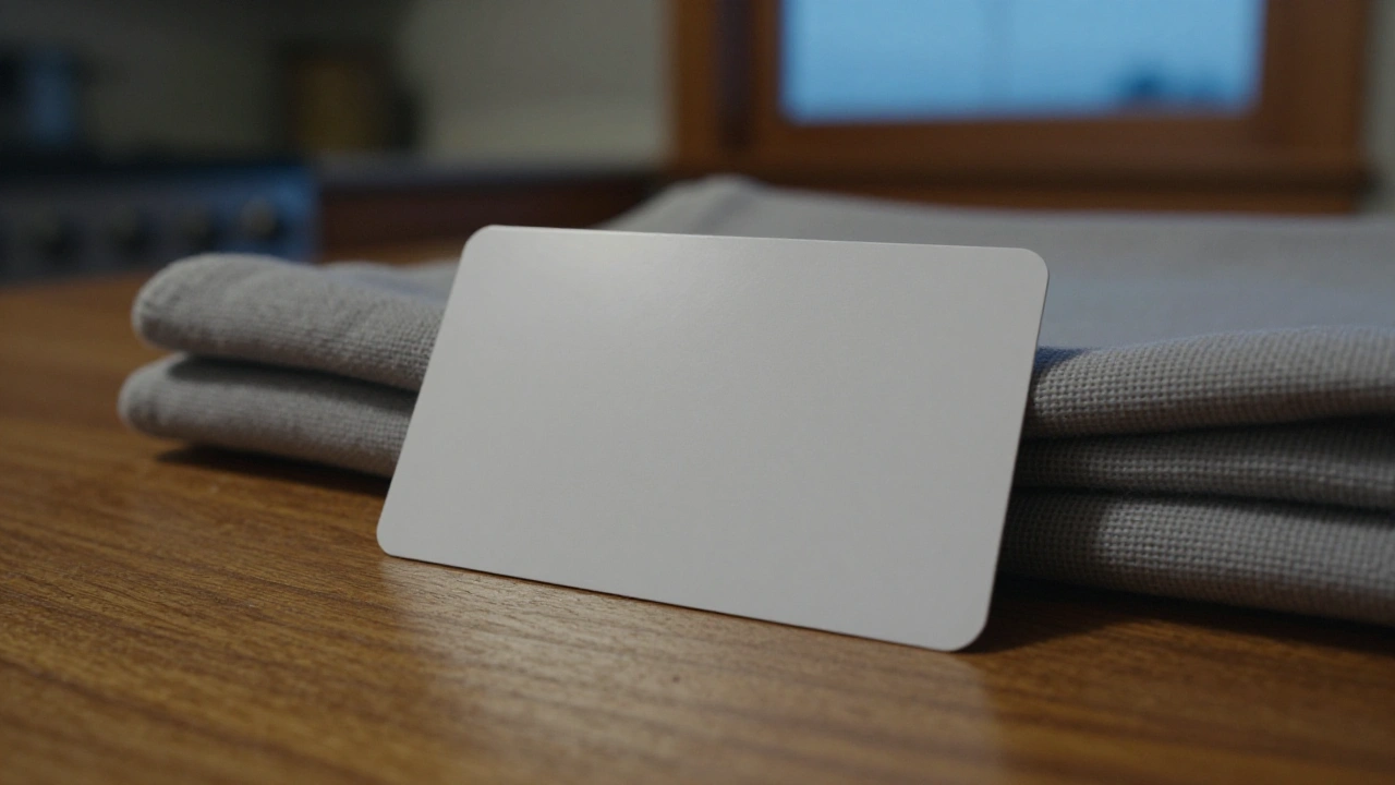 Blank white plastic card on a wooden table for casino deposit and withdrawal methods