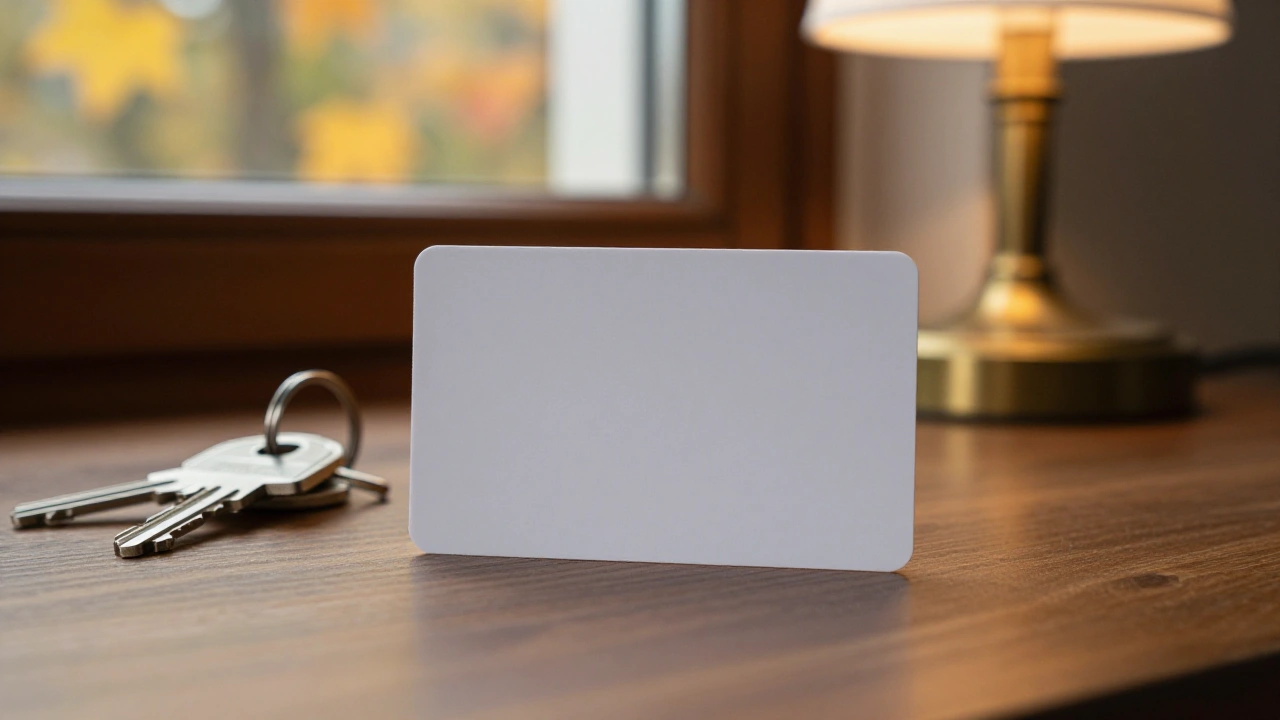 Blank white payment card and house keys on a hotel desk for casino banking