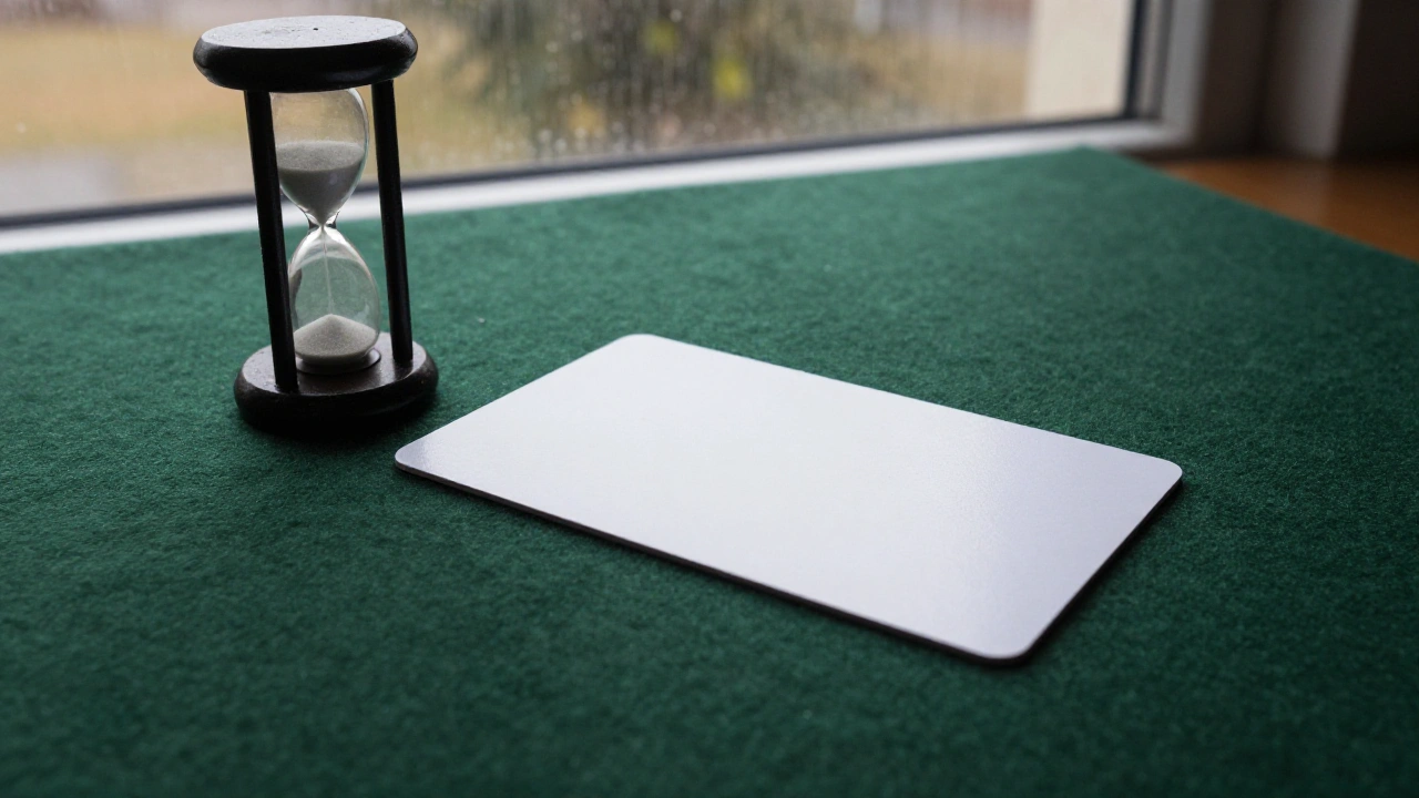 Blank card and hourglass on felt table showing deposit and withdrawal times