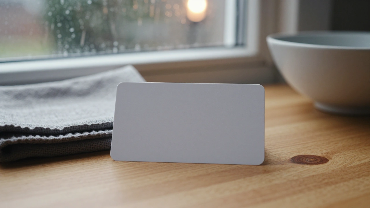 Blank white plastic card on a Halifax kitchen table for casino deposits and withdrawals