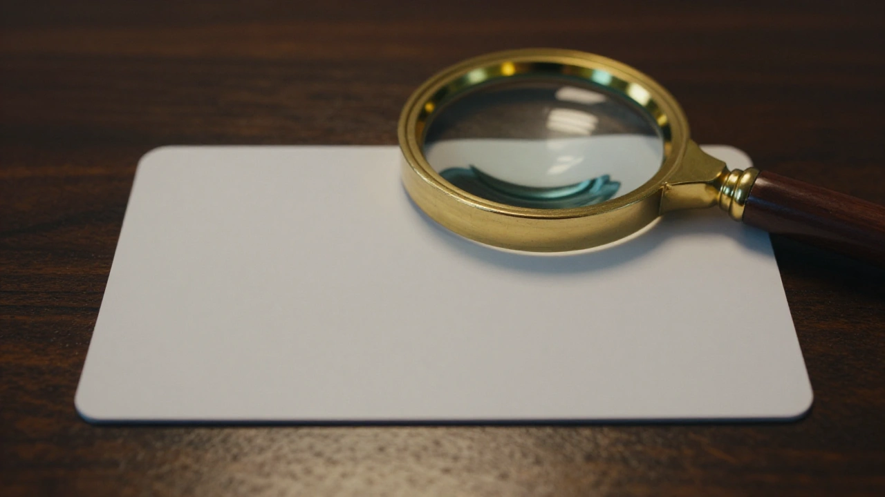 Blank white plastic card with a magnifying glass on a desk for secure casino payments