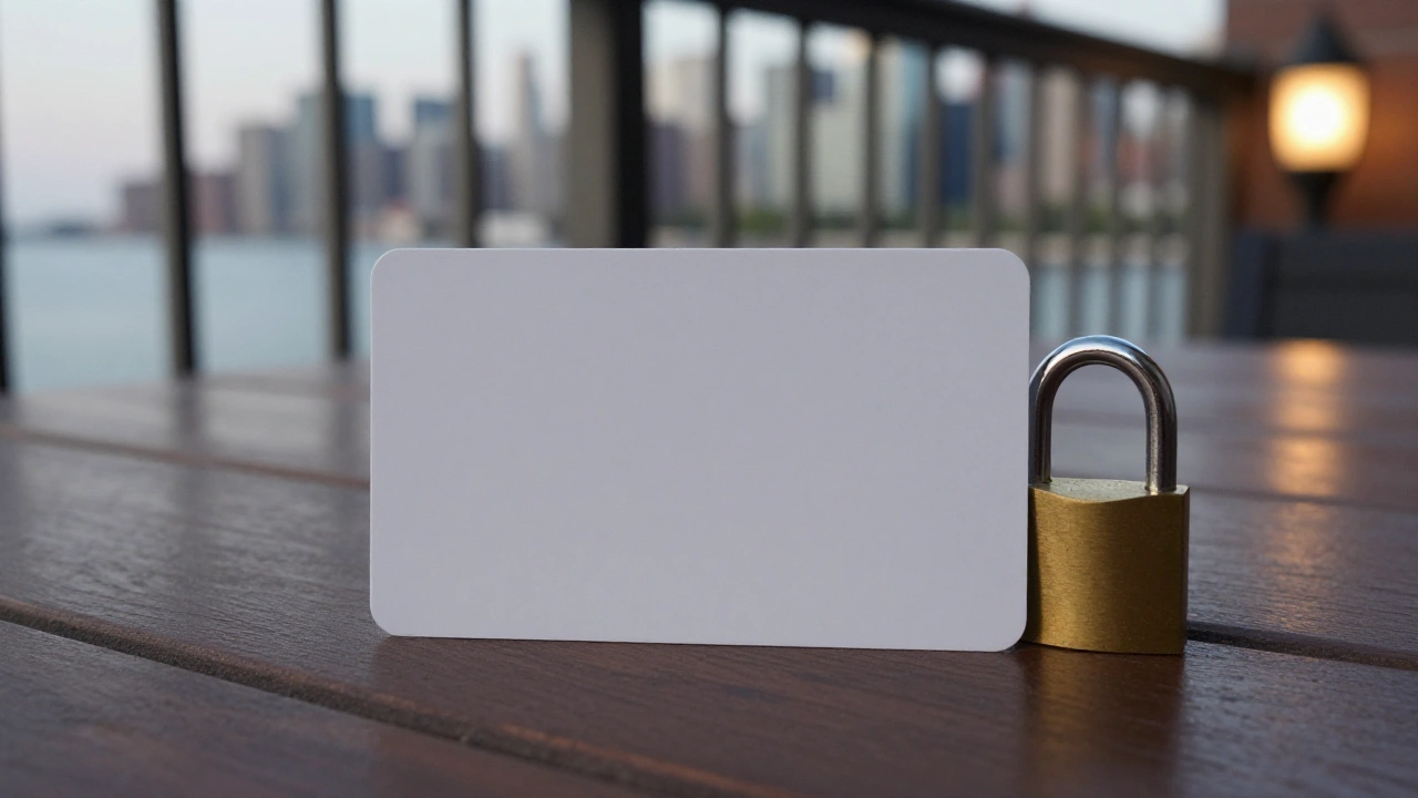 Blank bank card and brass padlock on a balcony table for secure Alberta casino deposits