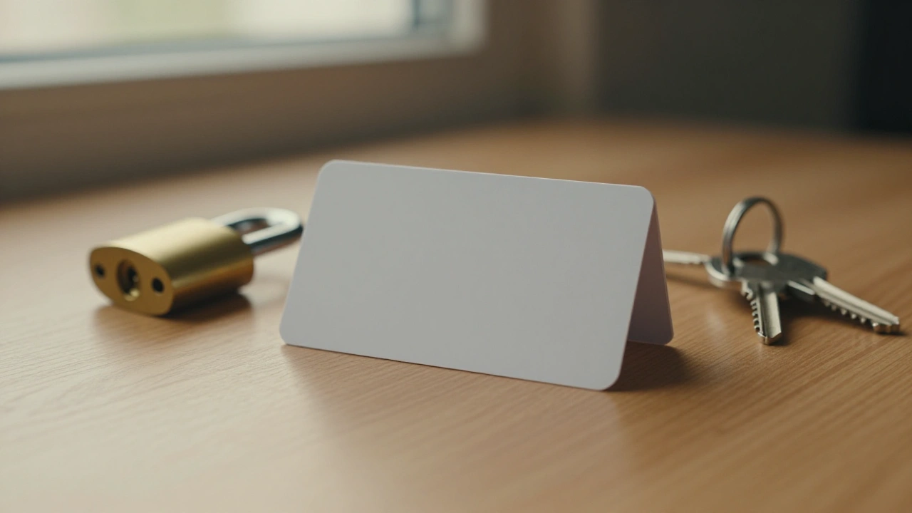 Blank white card and padlock on a desk for casino deposit testing and security checks