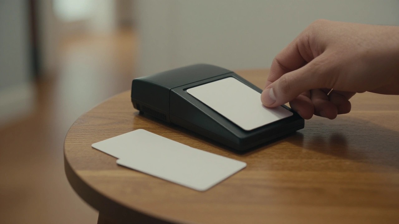 Hand tapping a blank card on a reader to compare casino payment options