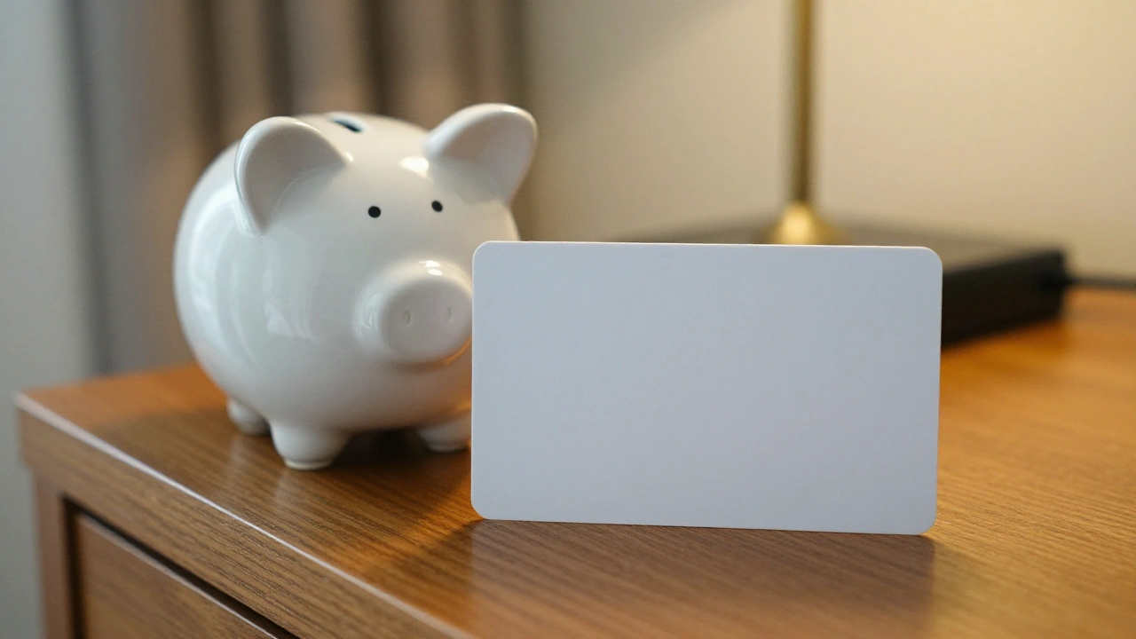 Blank white card and ceramic piggy bank on a desk for casino deposit bonuses