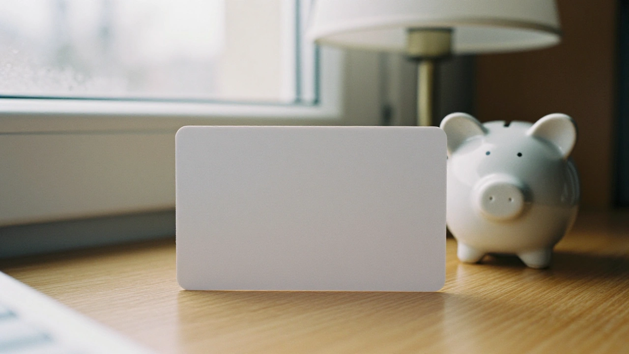 Blank bank card and ceramic piggy bank on a desk for low minimum deposits