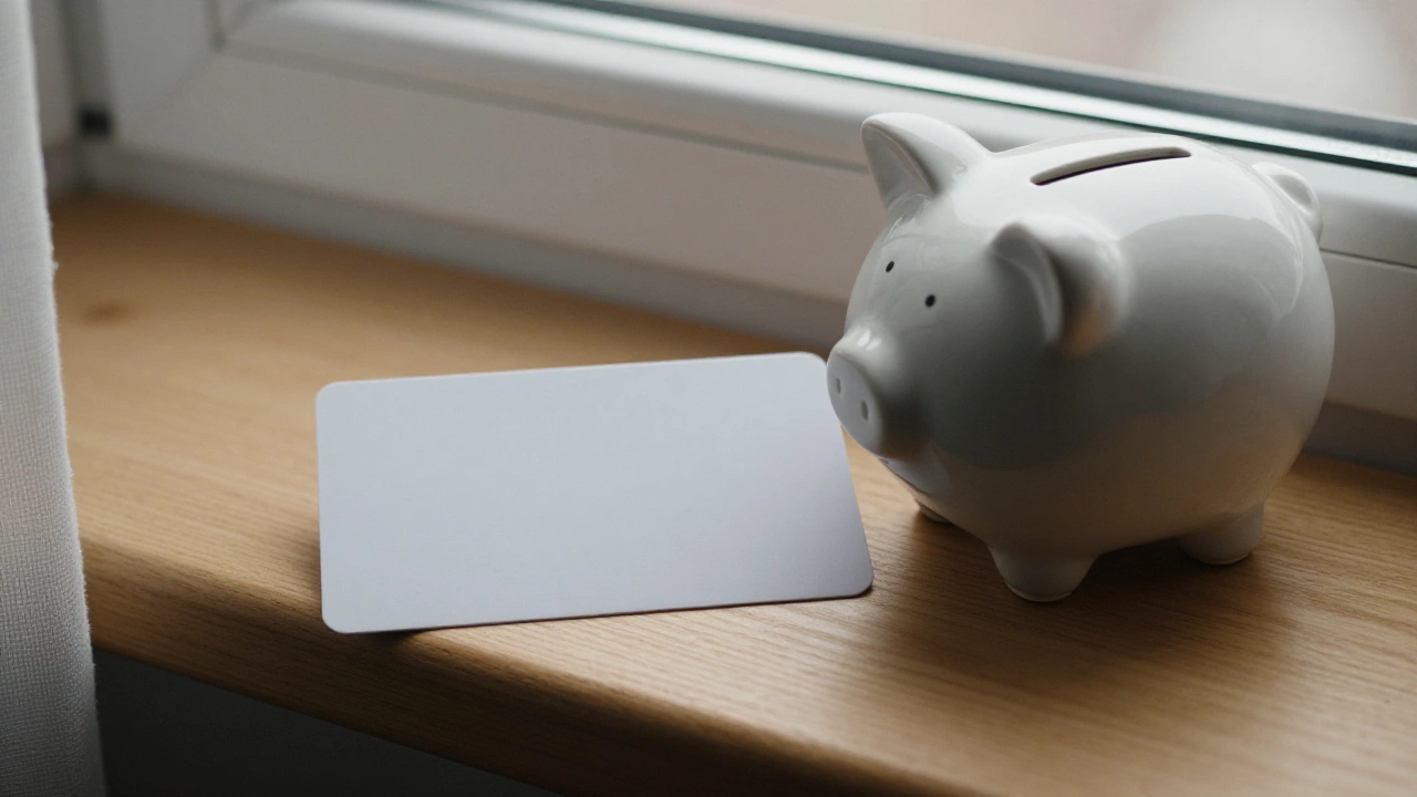 Blank bank card and ceramic piggy bank on a windowsill for Ontario casino banking
