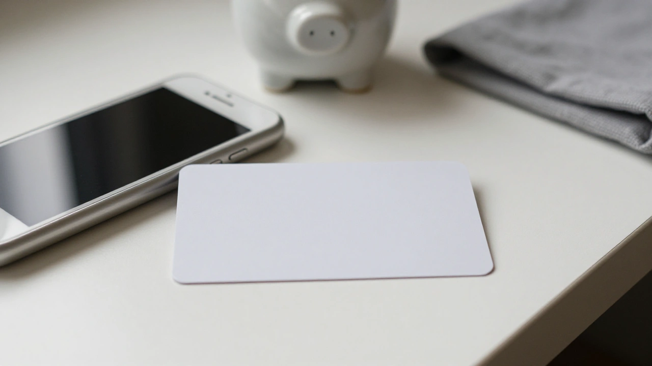 Blank white card and piggy bank on an Ontario desk for casino banking