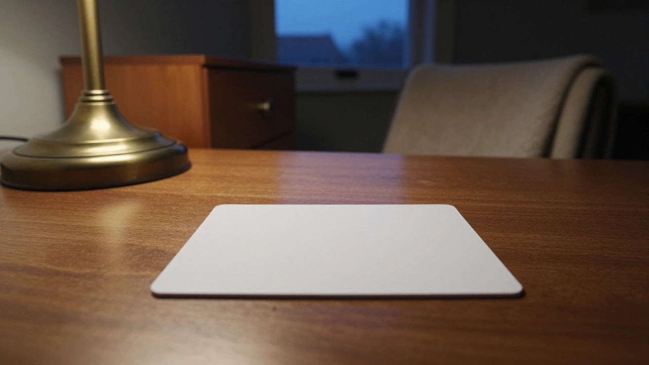Blank white plastic card on a wooden desk, representing secure crypto casino payments