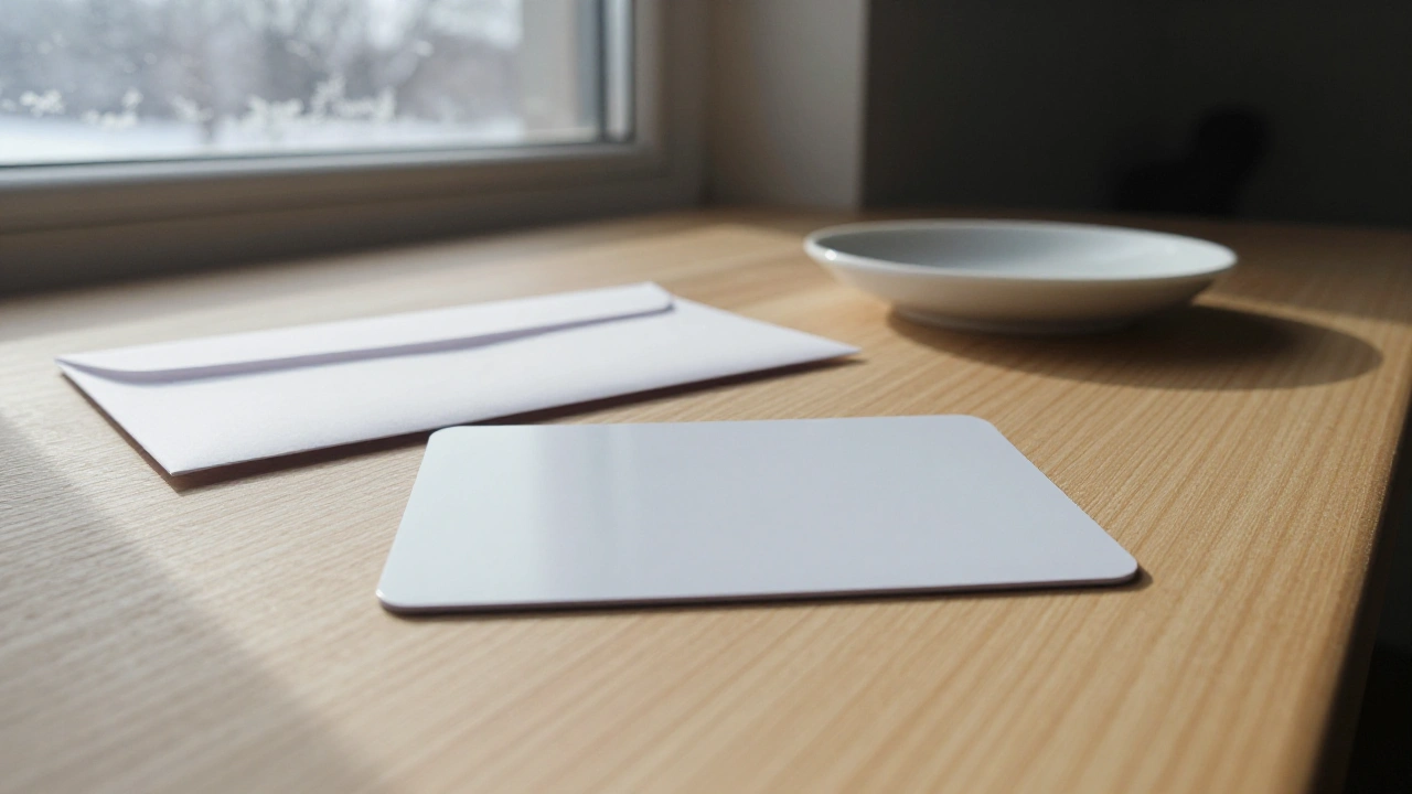 Blank white payment card on a wooden desk in a sunlit Ontario loft