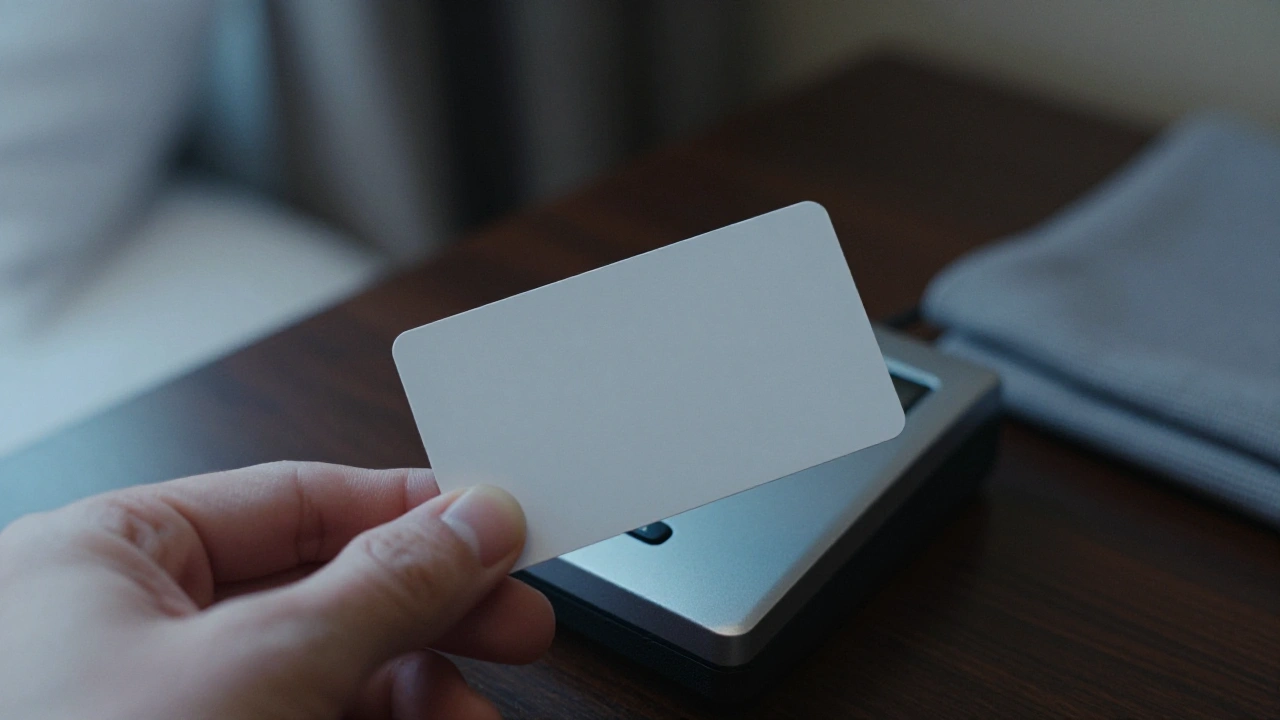 Blank white card tapped on a card reader on a hotel room desk