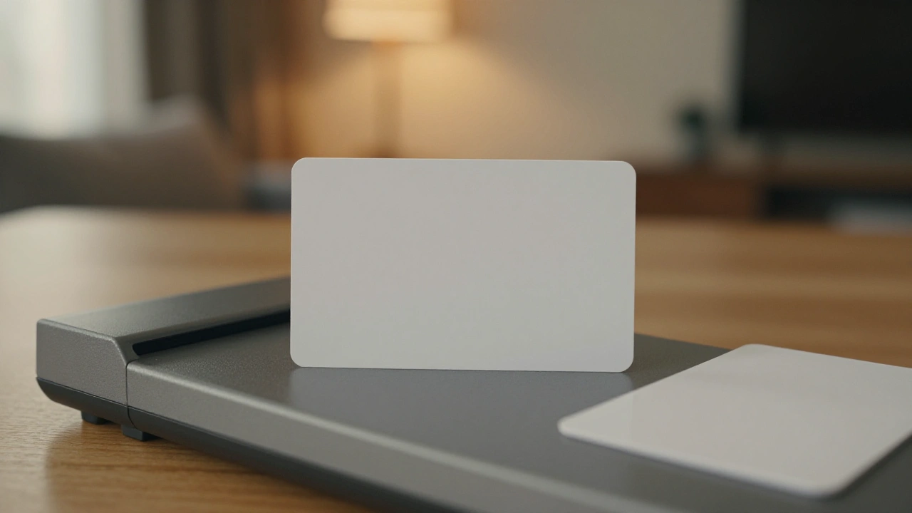 Blank white credit card resting on a card reader for casino deposits