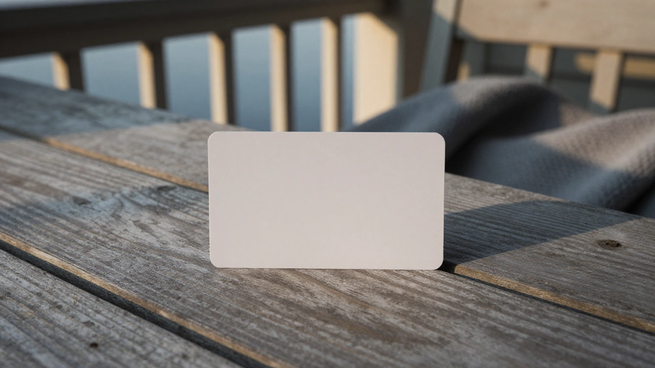 Blank white payment card on a cottage porch table for casino deposits and payouts