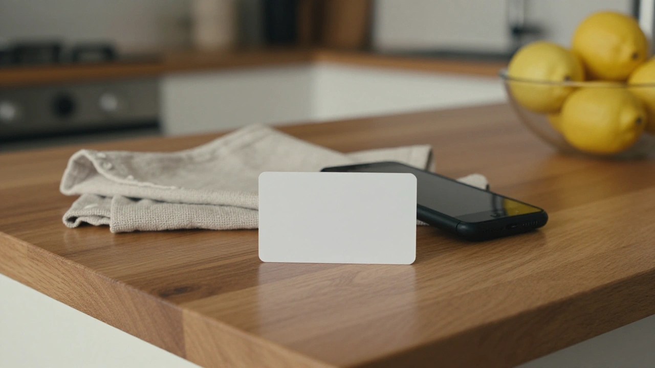 Blank white prepaid card and a switched-off phone on a kitchen counter for casino deposits