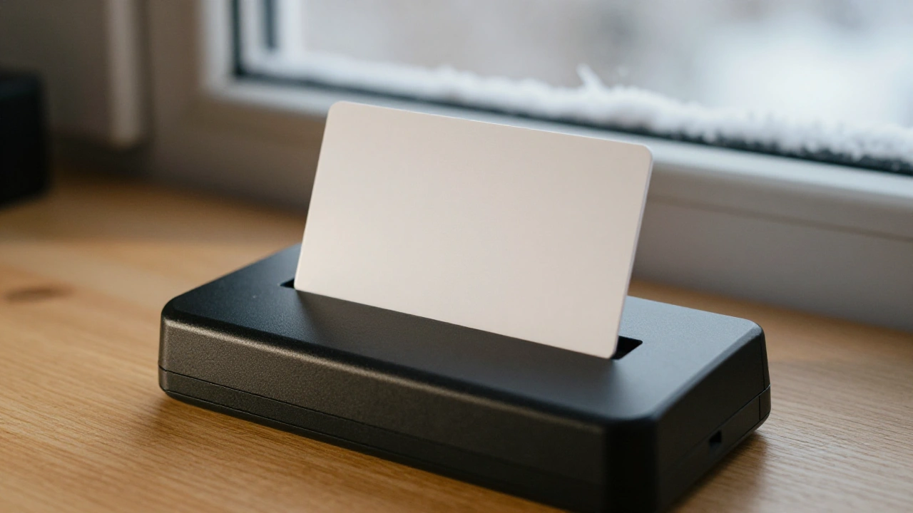 Blank white card resting on a card reader for an online casino deposit