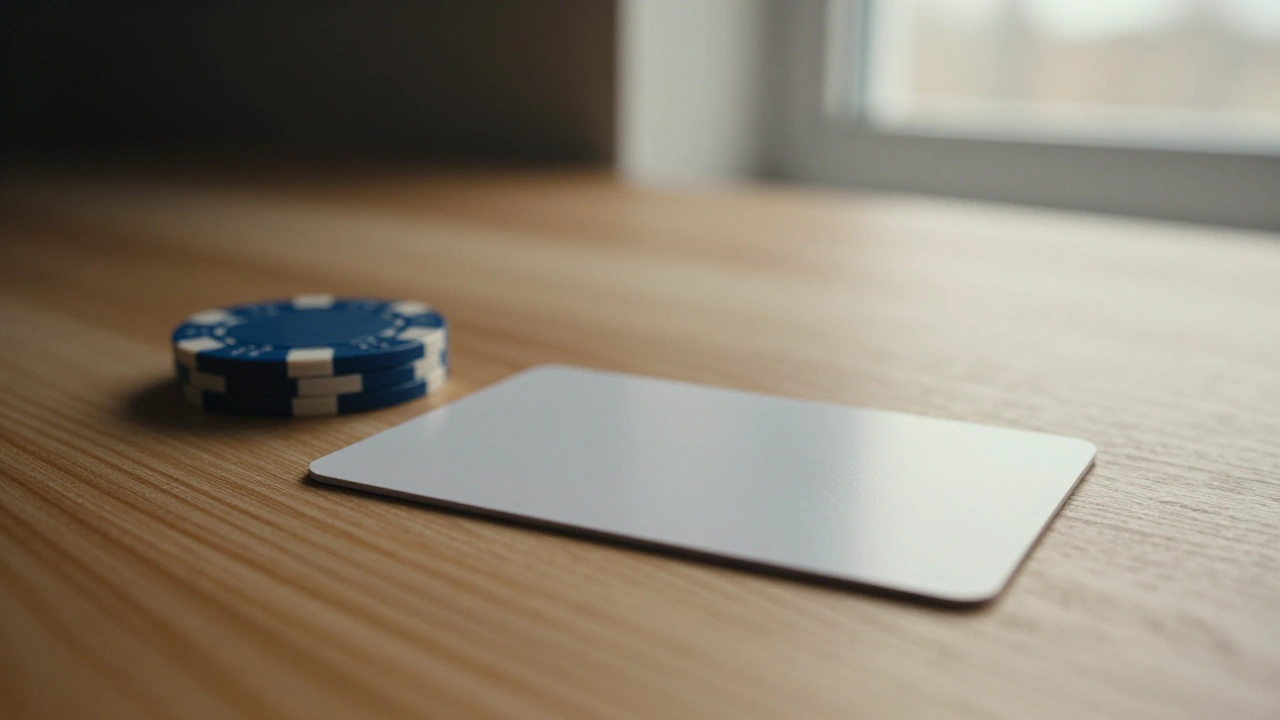 Blank white plastic card on a wooden table representing a virtual payment card for casino deposits