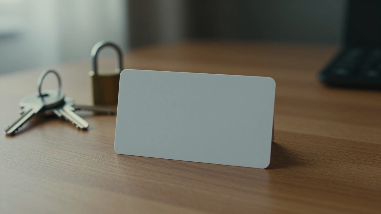 Blank white card on a wooden desk illustrating card deposit options at an online casino