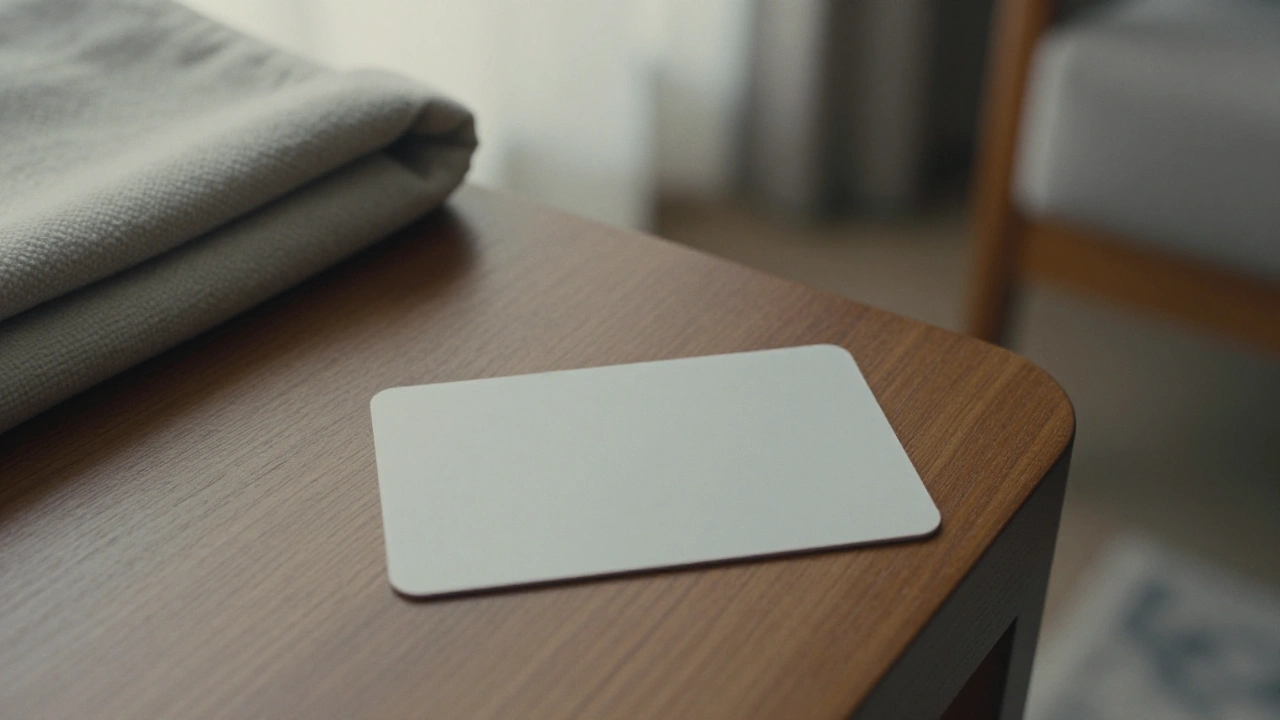Blank white plastic card on a wooden table for casino deposits and withdrawals