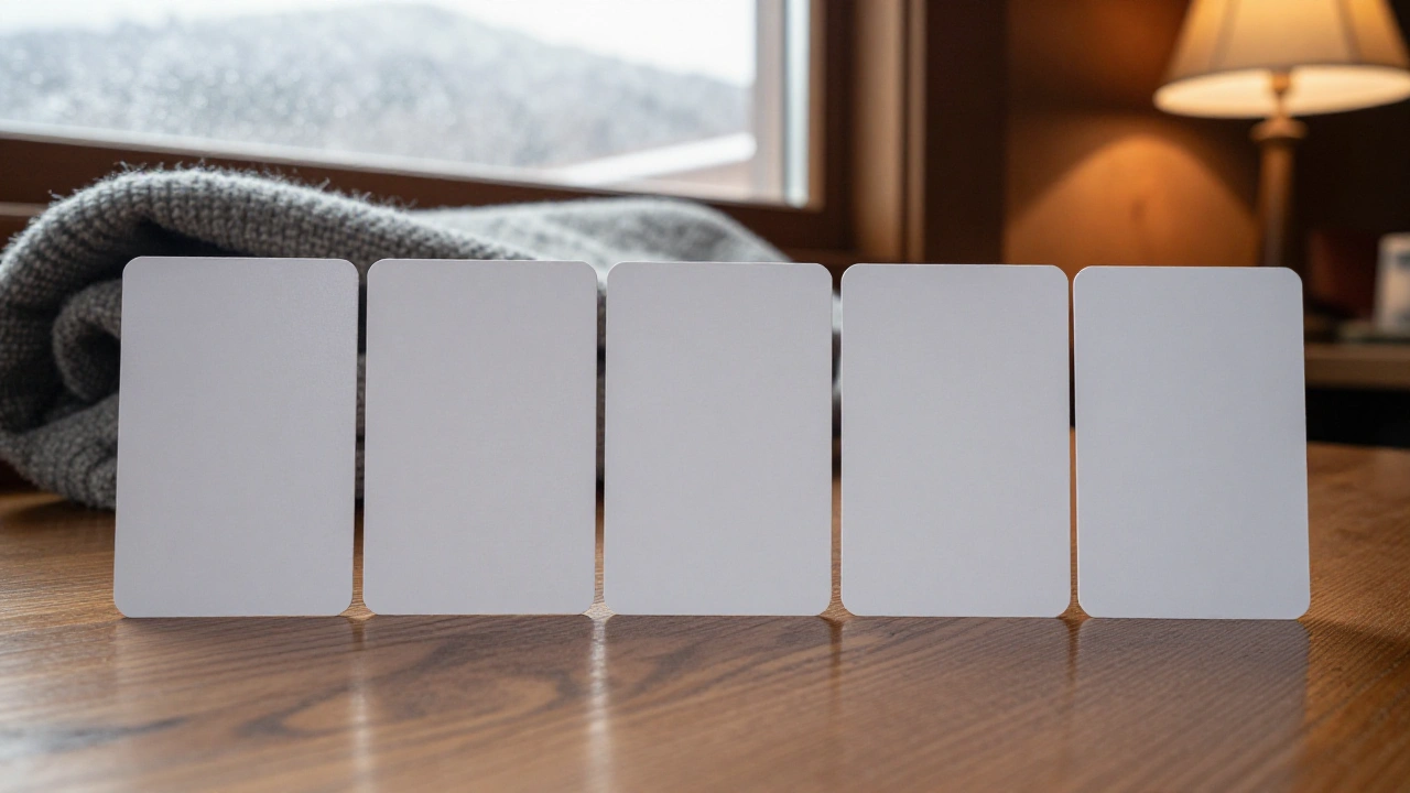 Blank white plastic cards in a row on a wooden table for online casino play