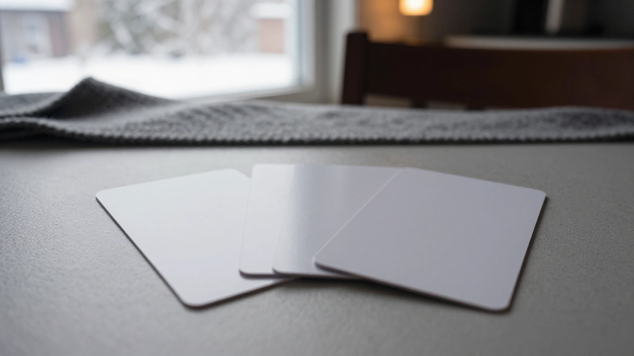 Blank white cards on a kitchen table showing different card formats for deposits