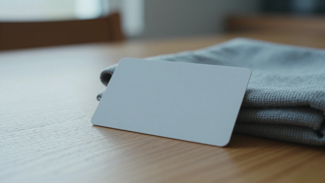 Blank white plastic card on a wooden table representing banking deposit options at an online casino