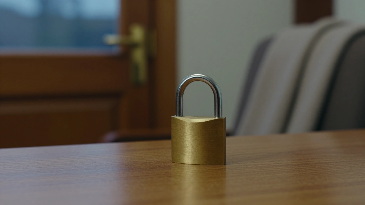 Small brass padlock on a home office desk representing online casino security