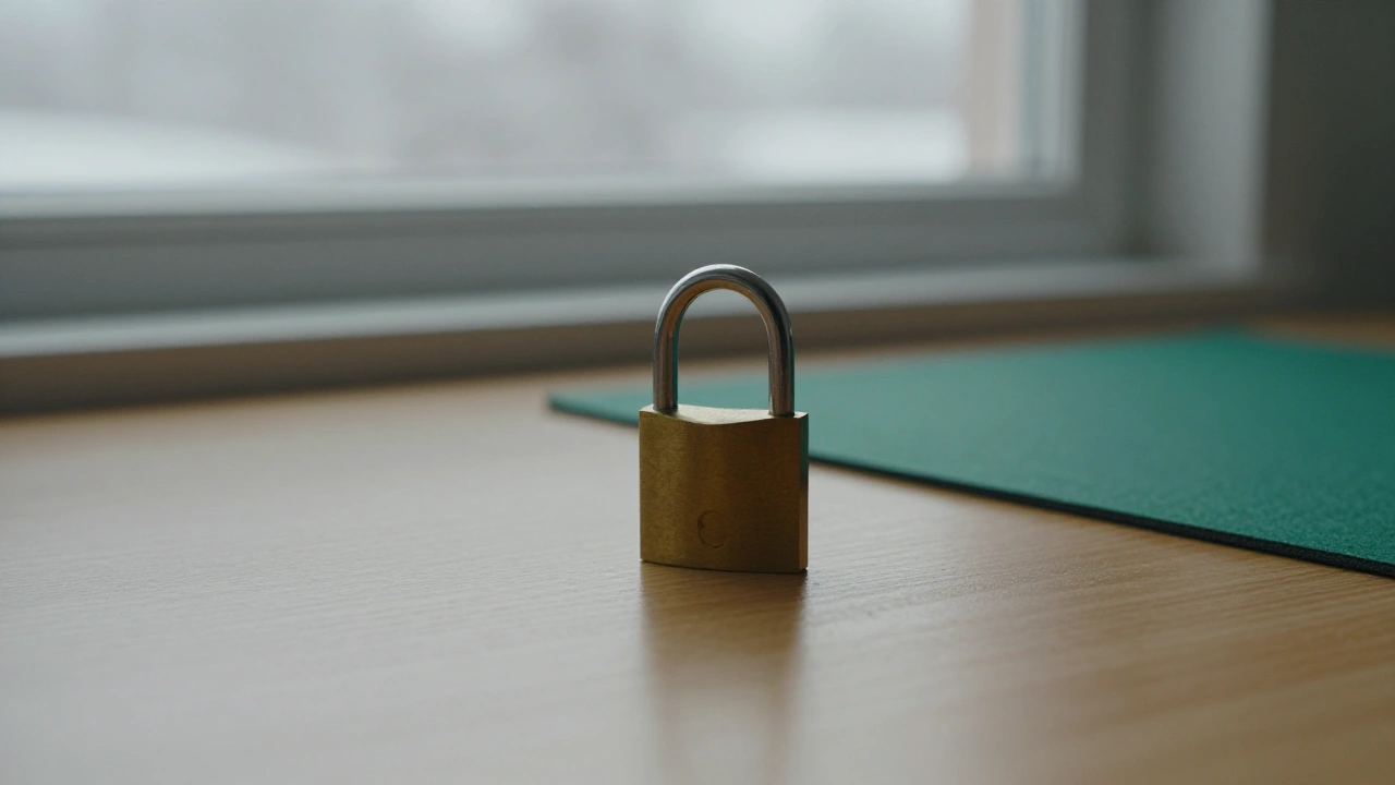 Small brass padlock on a wooden desk symbolising fairness and security at online casinos