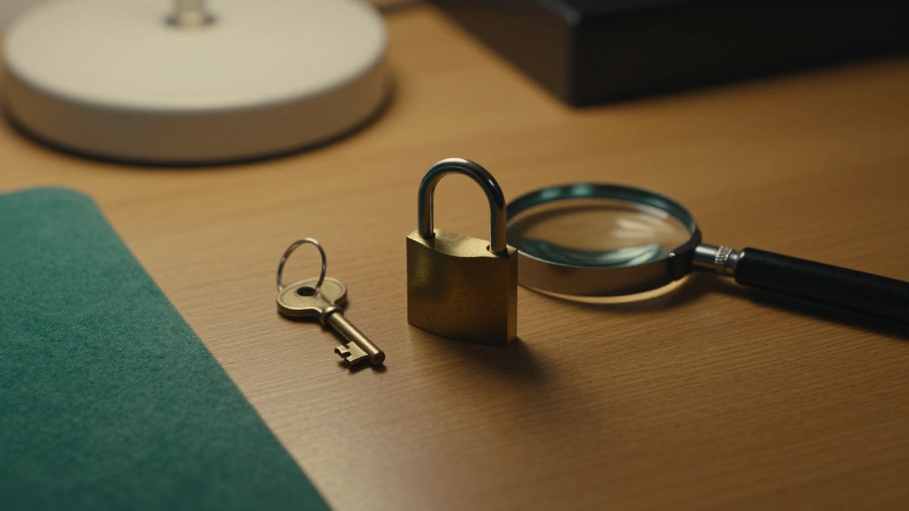 Brass padlock and magnifying glass on a wooden desk for slot fairness reviews
