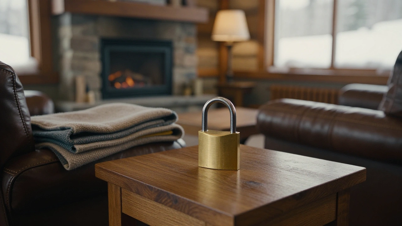 Small brass padlock on a wooden table in a ski lodge lounge for casino account security