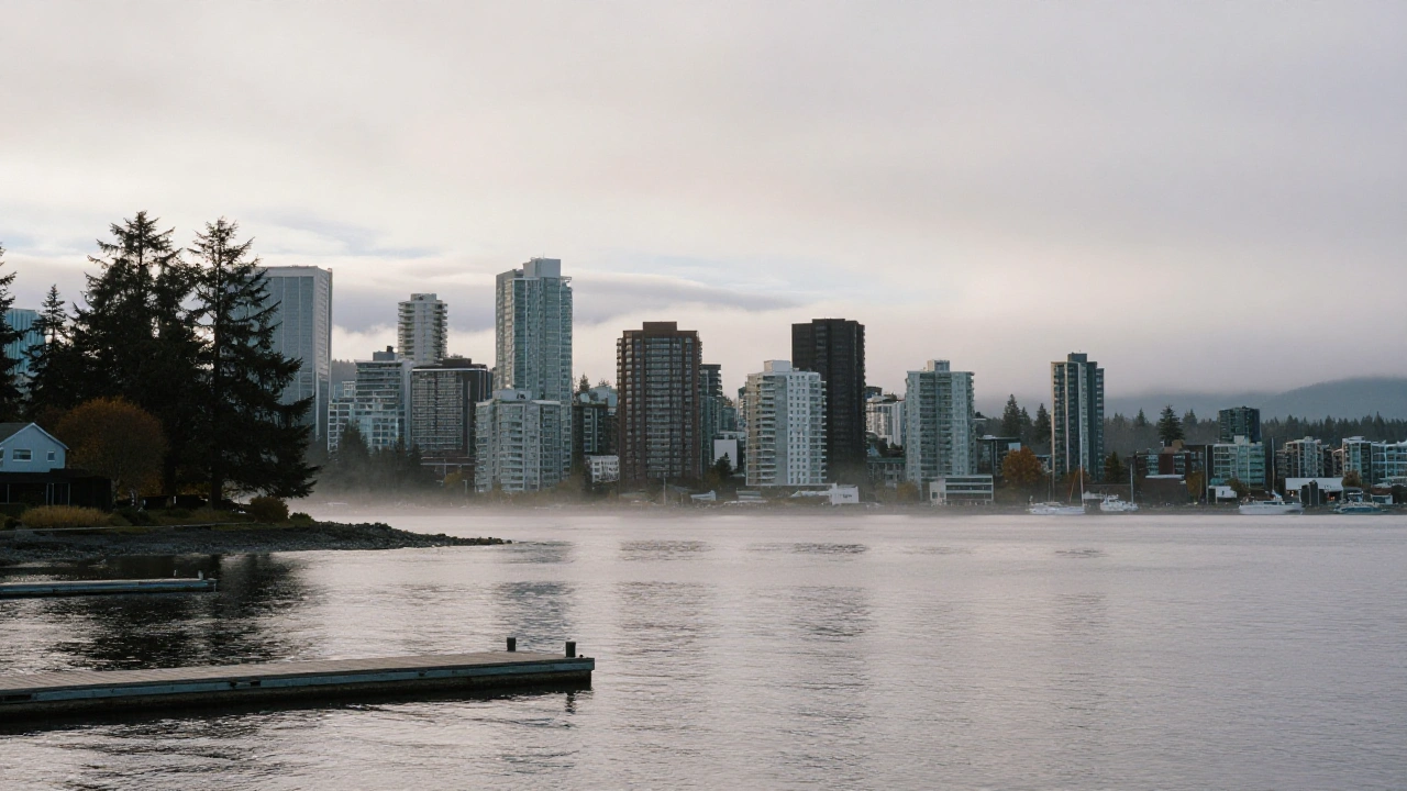 Coastal British Columbia skyline across calm harbour water representing provincial gambling regulation