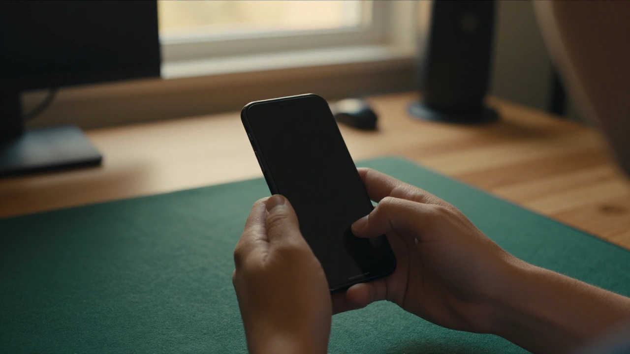 Hands holding a phone with a dark screen while browsing an online casino game library