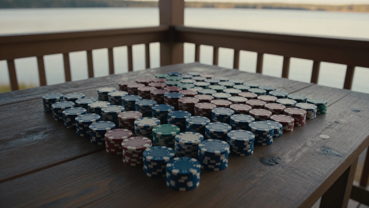 Plain casino chips on a cabin table, symbolising a large games selection