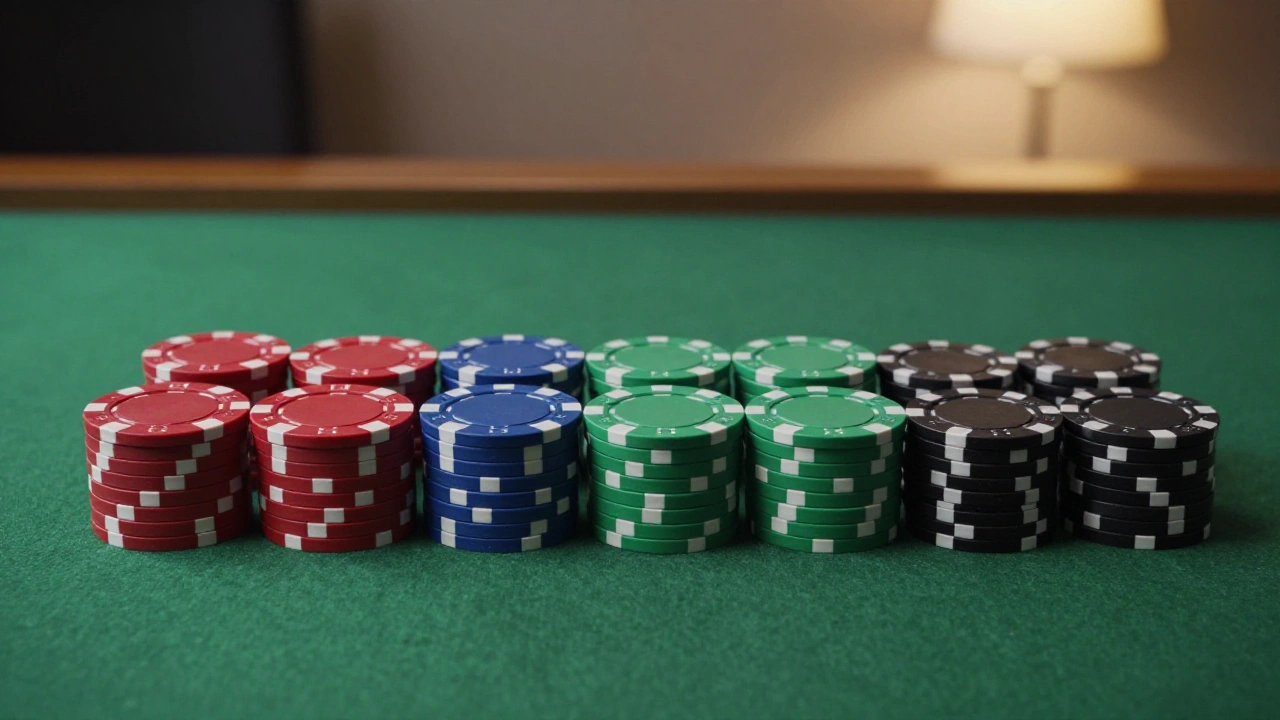 Stacks of plain casino chips on green felt representing the games library