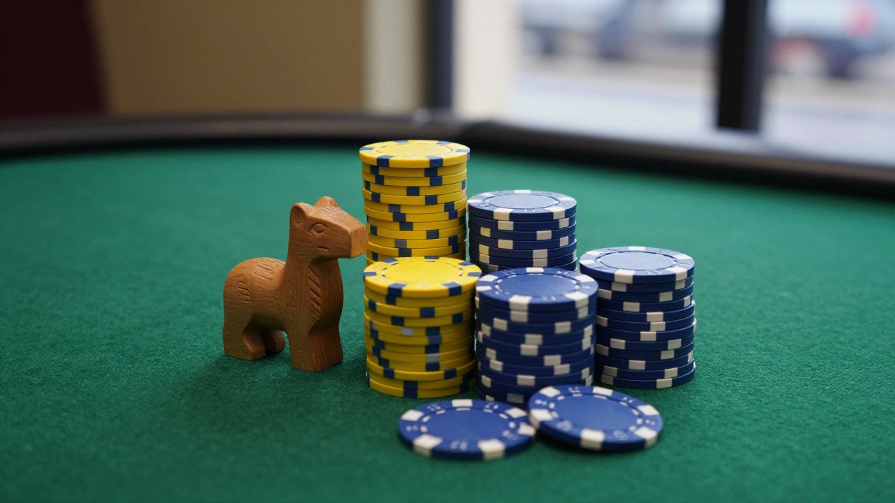Colourful casino chips stacked on green felt for a safari-themed slot review