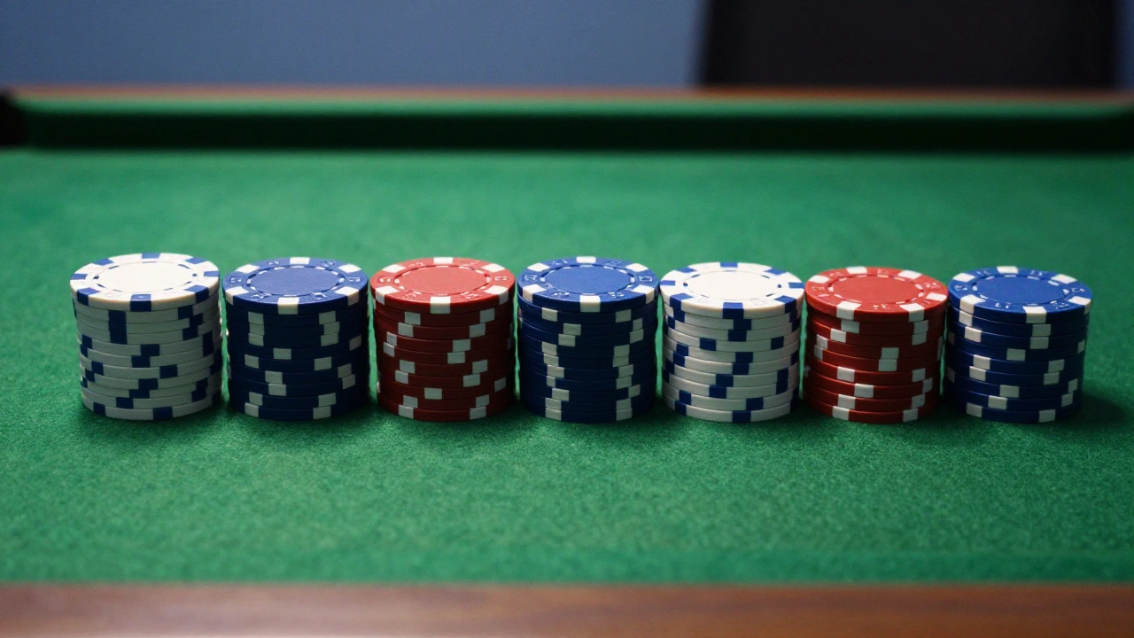 Stacks of plain casino chips on green felt showing game variety