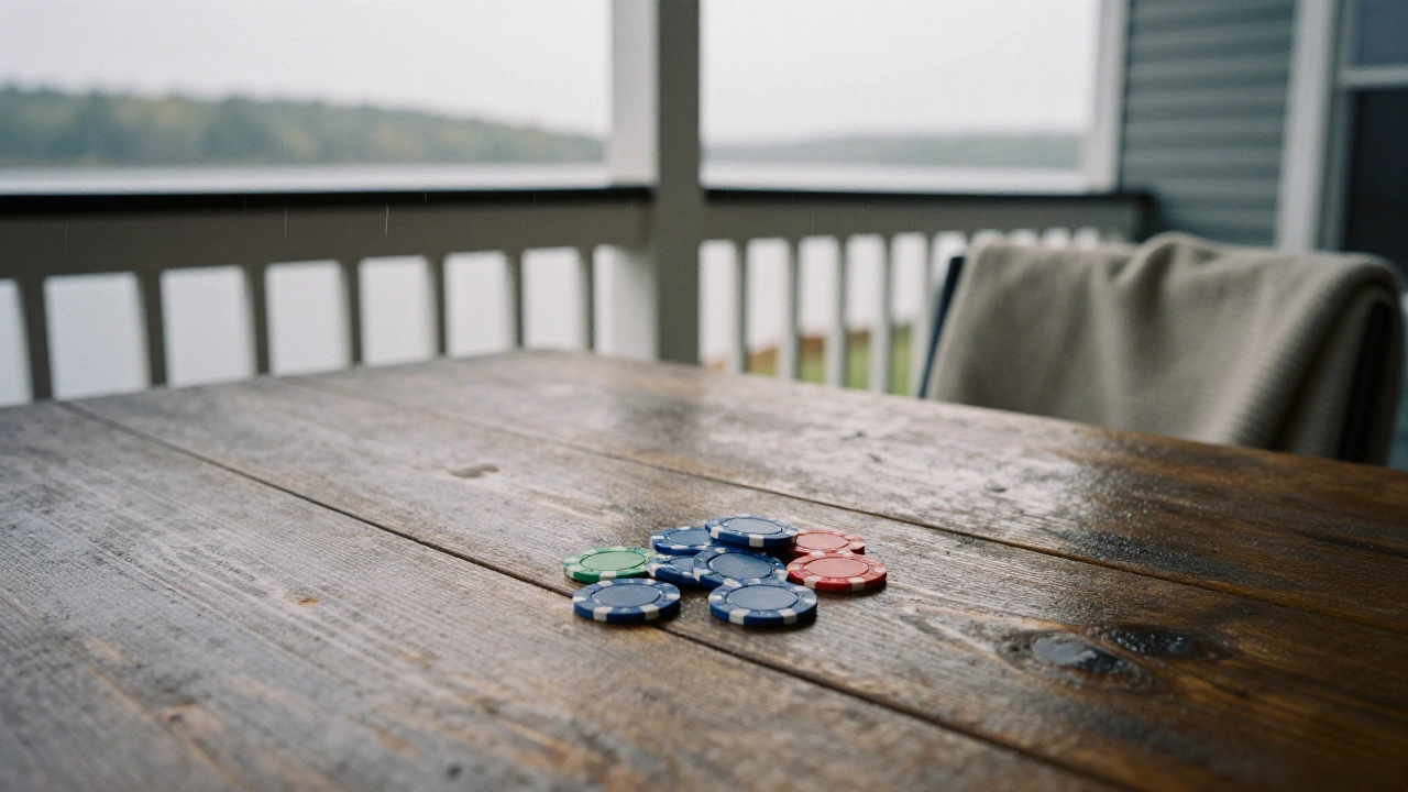 Plain casino chips on a rainy Nova Scotia cottage porch table, illustrating common odds myths