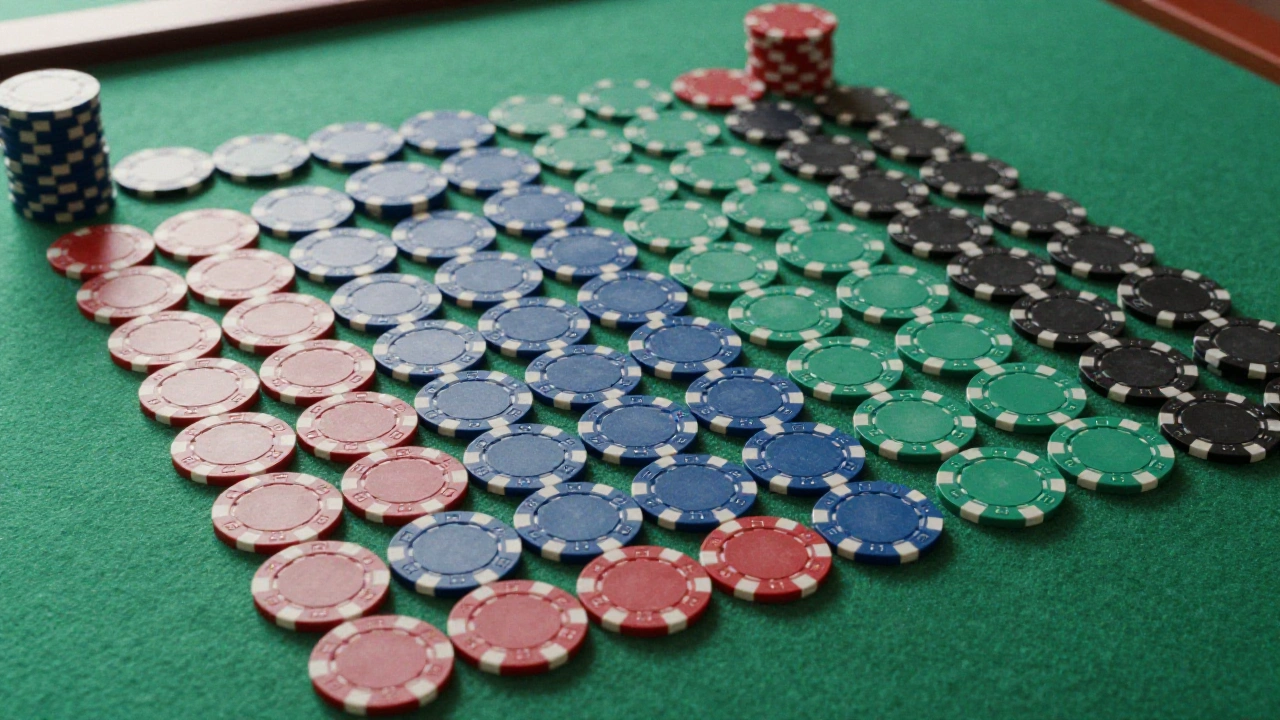 Plain unmarked casino chips sorted by colour into neat rows on green felt