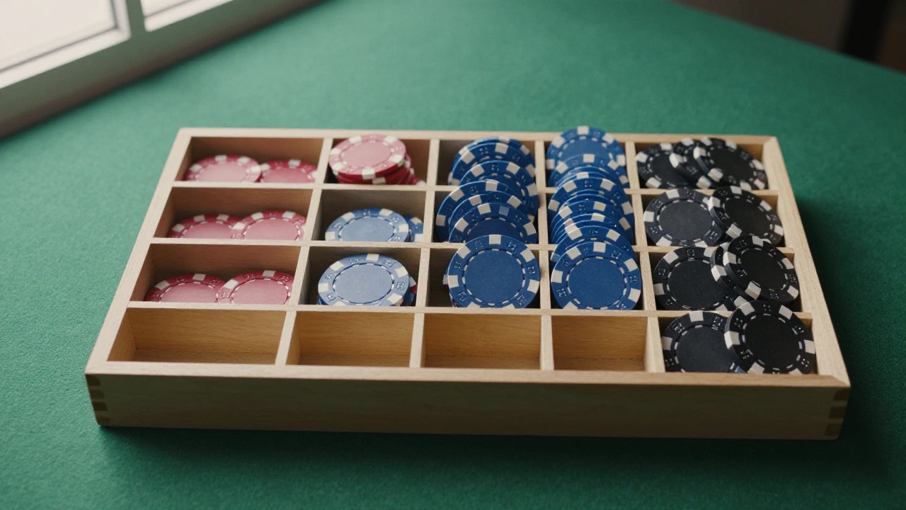 Plain casino chips sorted in a wooden tray on green felt for the games catalogue