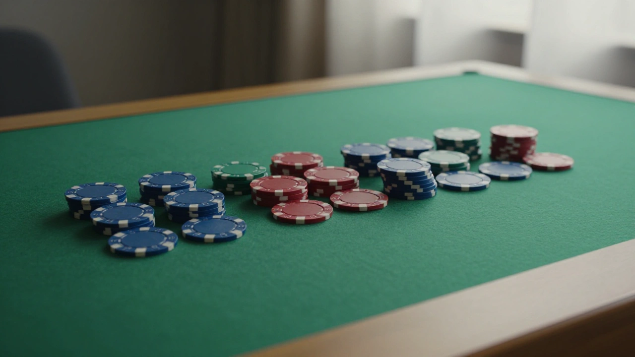 Plain casino chips in varied stacks on green felt suggesting a large game library
