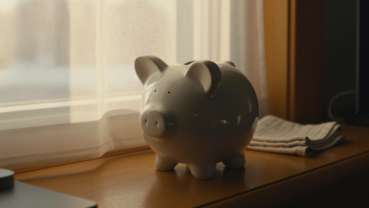 Ceramic piggy bank on a windowsill in a Calgary home office for setting deposit limits